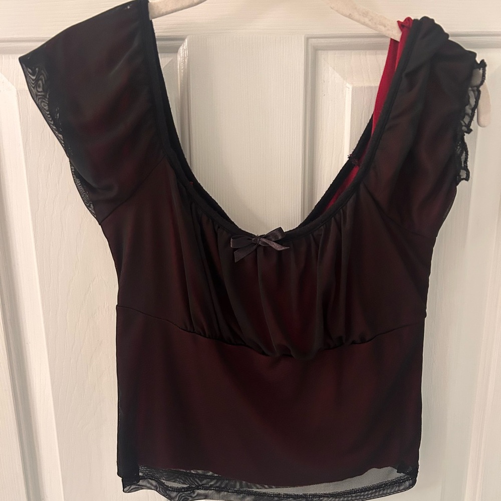 Social Collision Black and Red Mesh Top
